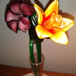 2 Tall Glass Stem Flowers+ Crystal Bud Vase