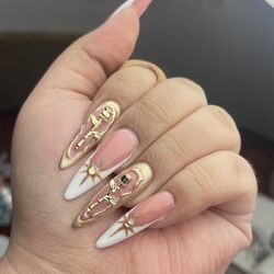 Long almond Press on nails white french tips gold chrome nude rose rhinestones