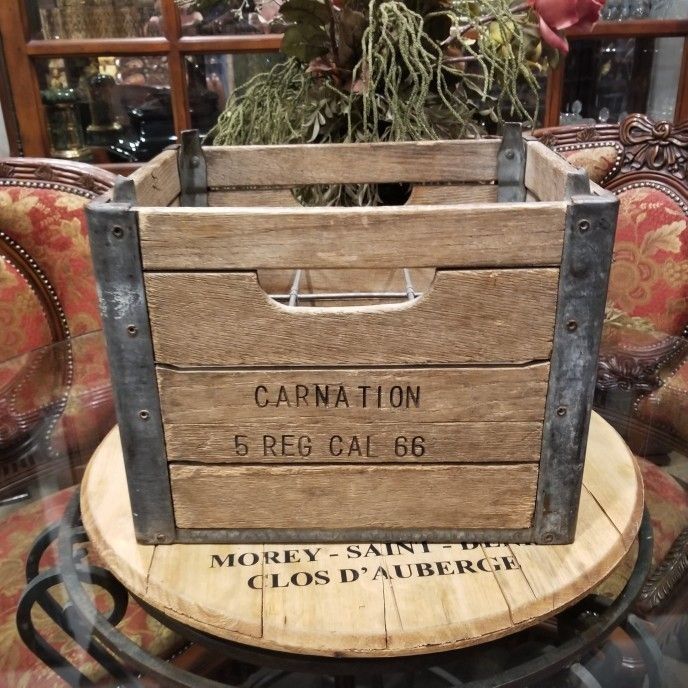 Antique Carnation Milk Wood & Metal Milk Crate California 1966