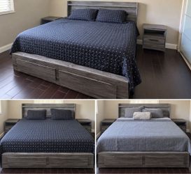 Gray Wood King Bed Frame with Storage and Nightstands