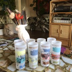 VINTAGE ANTIQUE AUTOS FROSTED DRINKING GLASSES SET OF 8 Glassware 