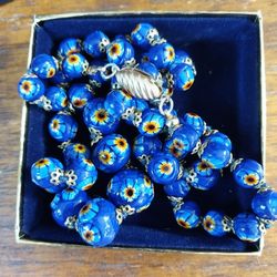 Beautiful Vintage Italian Blue Millefiori Glass Bead Necklace  Long 