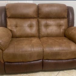 Brown Soft Suede Reclining Couch &  Love Seat Set with Lamps