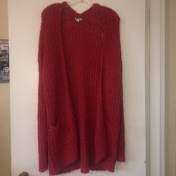 Moral Fiber Size Small Long Red Sweater Cardigan With Pockets PIT TO PIT: 40” LENGTH : 24”