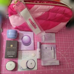 TATCHA (DSC) PRIMER LOT W/ESTĒE LAUDER MAKEUP TOTE +4 HIGH-END FREEBIES 