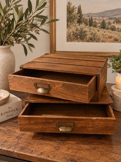 Rustic Vintage-Style Wooden Storage Drawers – Set of 2 – Wood & Brass Hardware