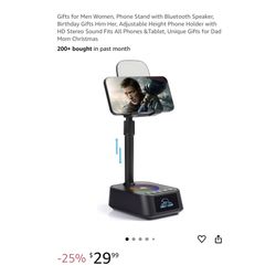 Brand new Phone Stand with Bluetooth Speaker, Birthday Gifts Him Her, Adjustable Height Phone Holder with HD Stereo Sound Fits All Phones &Tablet, Uni