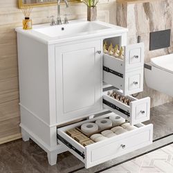 24” White Bathroom Vanity with Sink MDF Rubberwood Construction 3 Drawers Cabinet [NEW IN BOX] **Retails for $360 ^Assembly Required