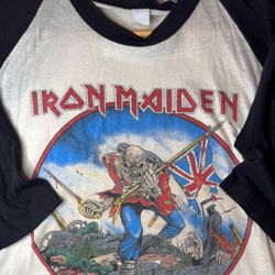 Vintage 80s Iron Maiden Trooper Rock Concert Raglan T-shirt 