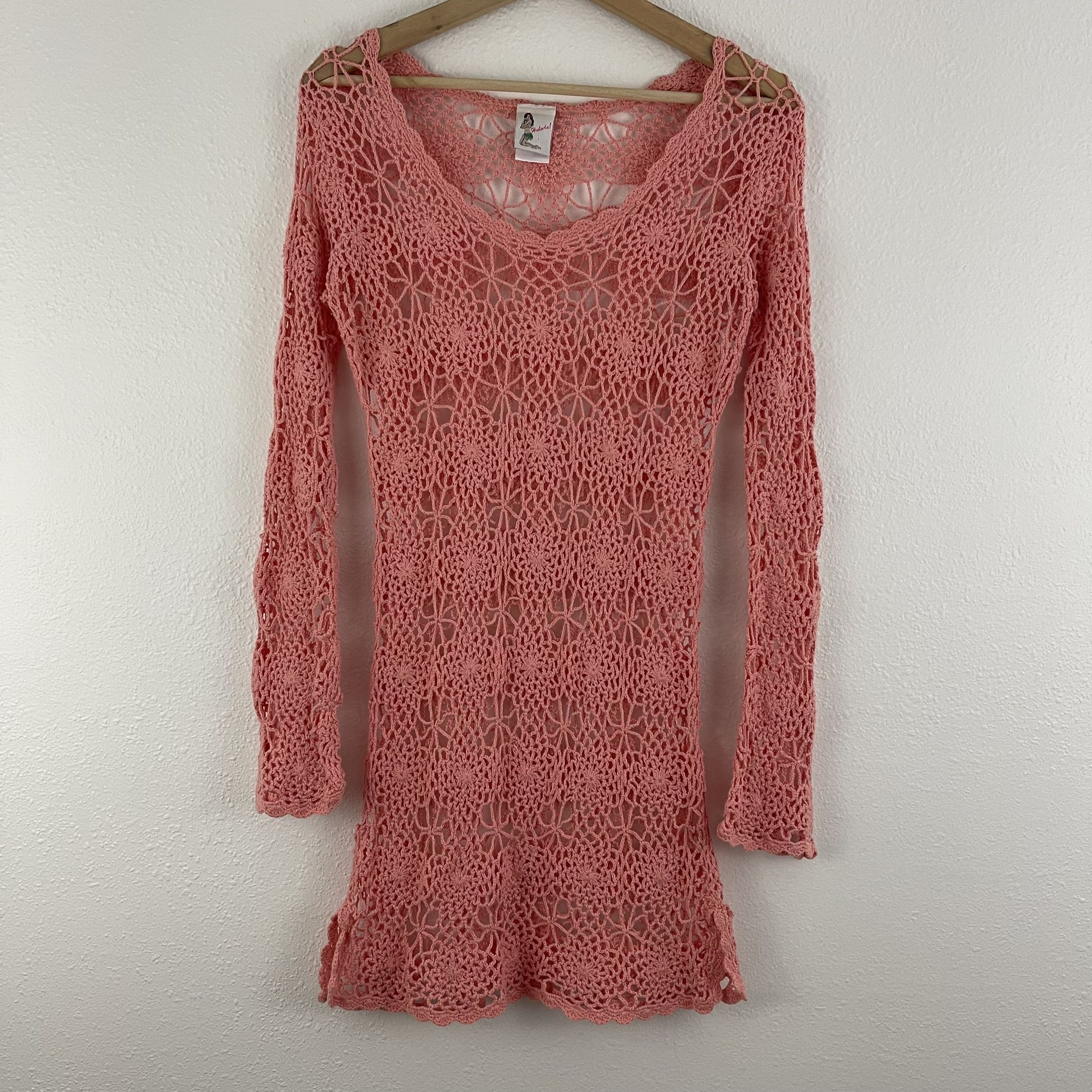 HULA-LA Vintage Y2K Coral Pink Crochet Summer Beach Swim Cover Up Mini Dress