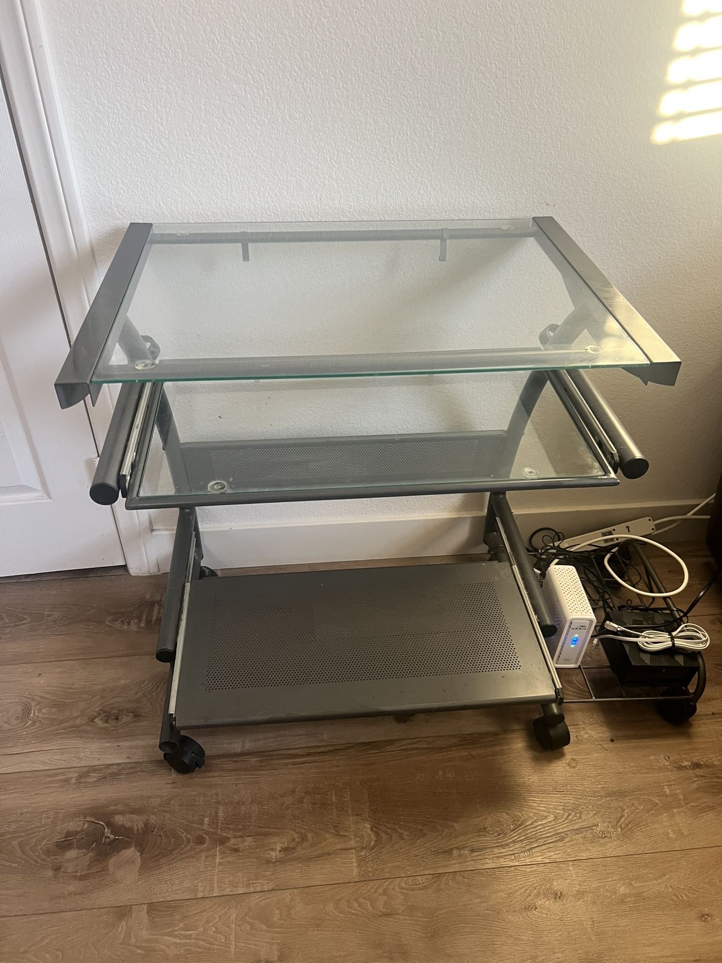 Glass- Desk with Pull-Out Keyboard Tray & Computer & Sturdy Metal Frame