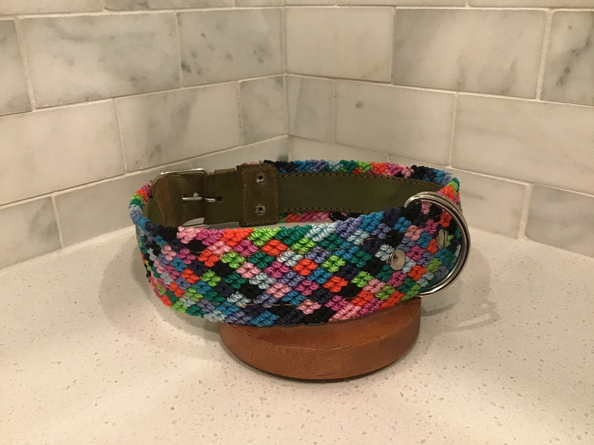 Handmade Dog Collar – 23.5” XL – Multicolor Checkered Weave