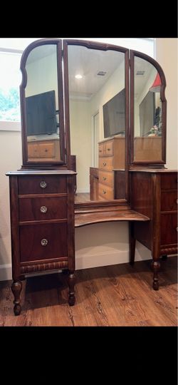 Vintage Wood Executive Desk with 3-Piece Mirror