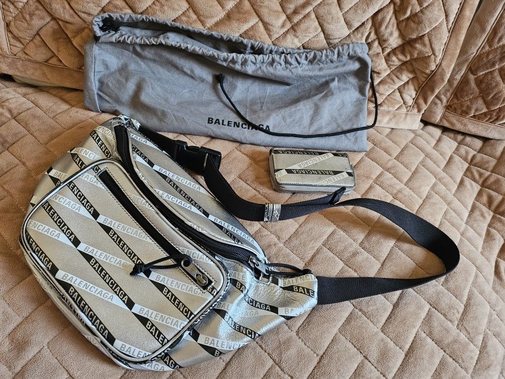 Balenciaga BAG + WALLET Silver Stripe Leather Explorer Belt Waist Fanny Chest