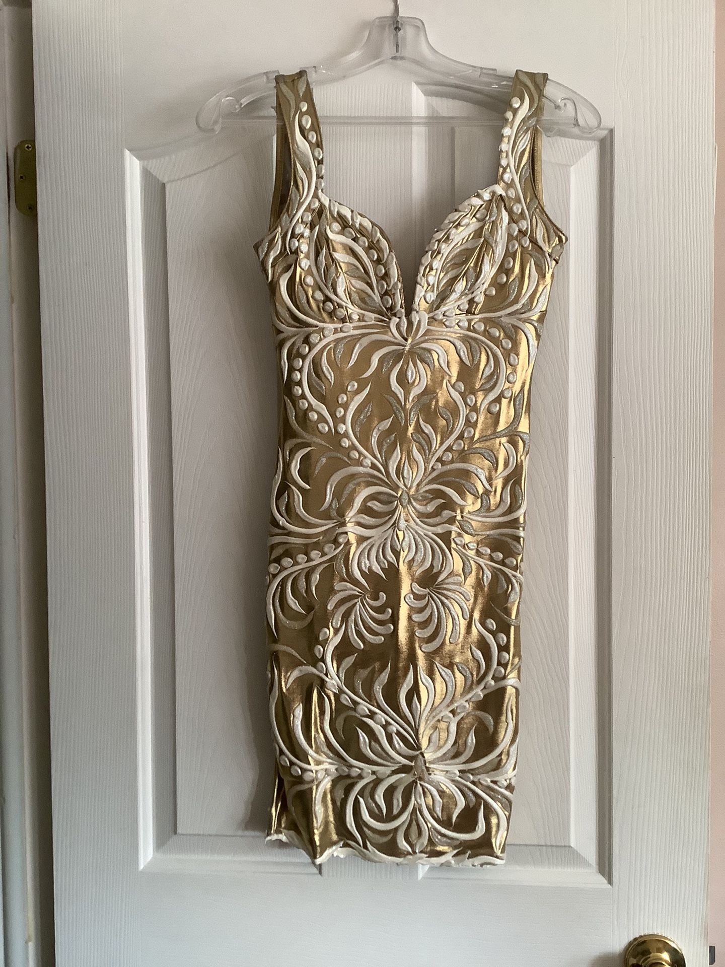 HOLT MIAMI Bodycon Dress in Metallic Gold w/ Hand Painted White design size M, NWT