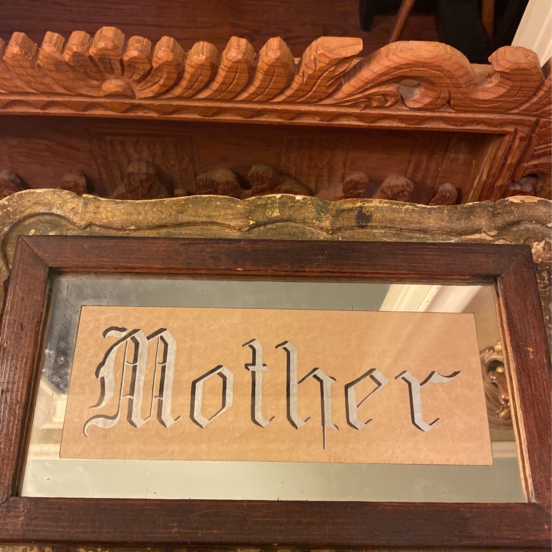 Antique Wood And Mirrored Glass, Hand-Painted Sign “Mother”