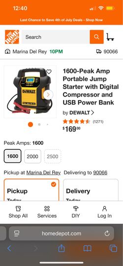 Dewalt 1600-Peak Amp Portable Jump Starter with Digital Compressor and USB Power Bank