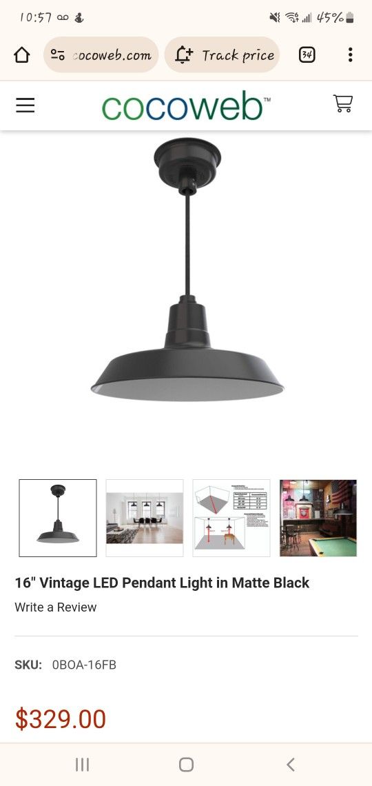 16" Light Fixture (Built In LED Bulb)