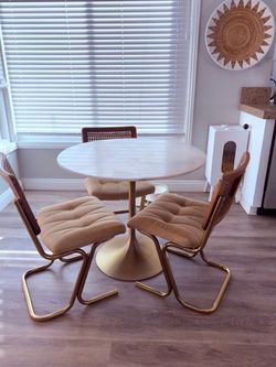 Marble Table with 3 Rattan style vintage chairs