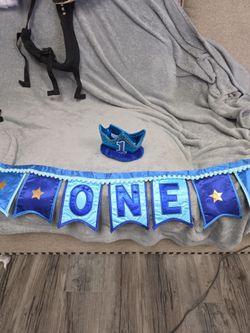1st birthday banner blue, crown, swimsuit