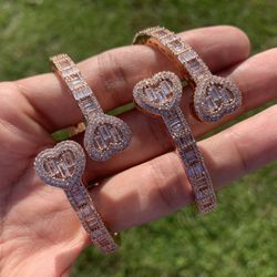 14k Rose Gold Plated Women’s Men’s Baguette Iced Tennis Link Heart Bracelet Bangle Prong Bracelet 5mm