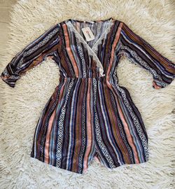 PatPat brand multicolored striped bohemian rompers with white lace detailing.