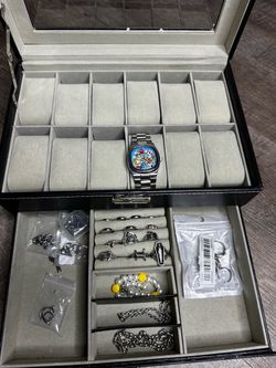 Black Leather Watch and Jewelry Box
