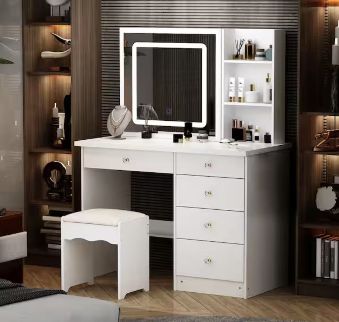 5-Drawers White Wood LED Push-Pull Mirror Makeup Vanity Sets Dressing Table Sets with Stool and 3-Tier Storage Shelves