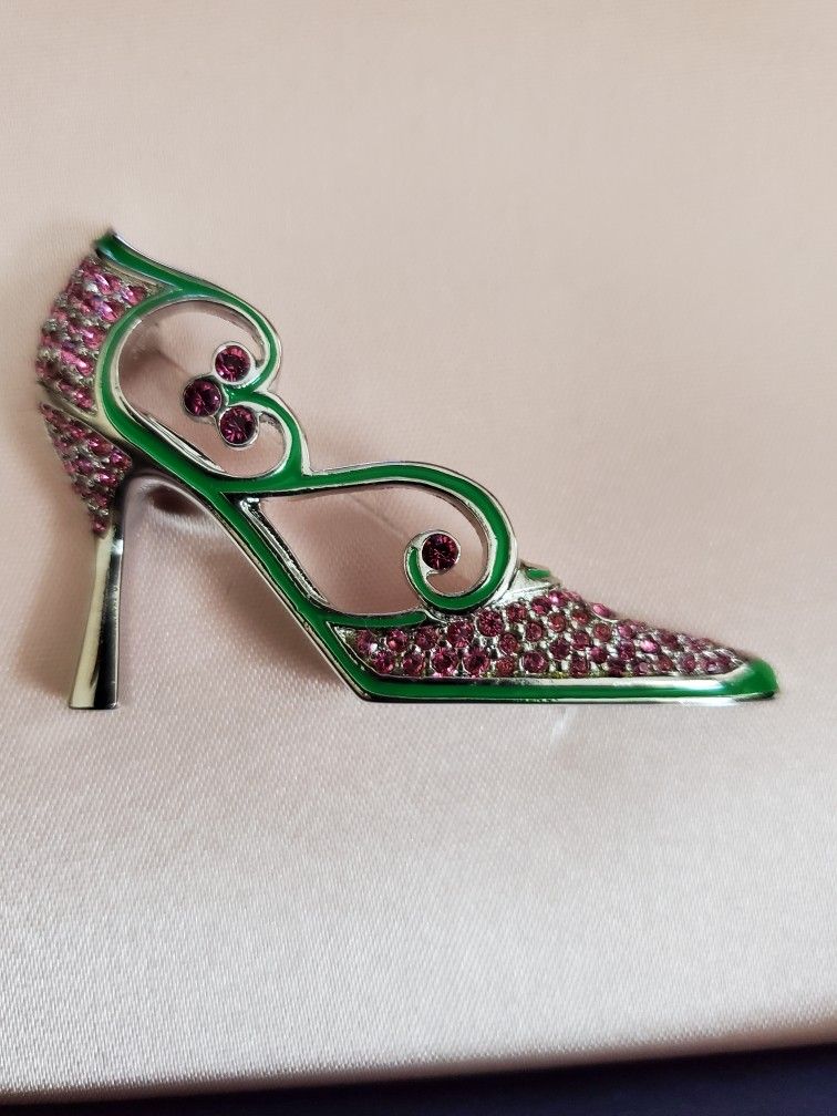 Rare Vintage High Heel Shoe With Green Enamel And Pink Swarovski Crystals Brooch