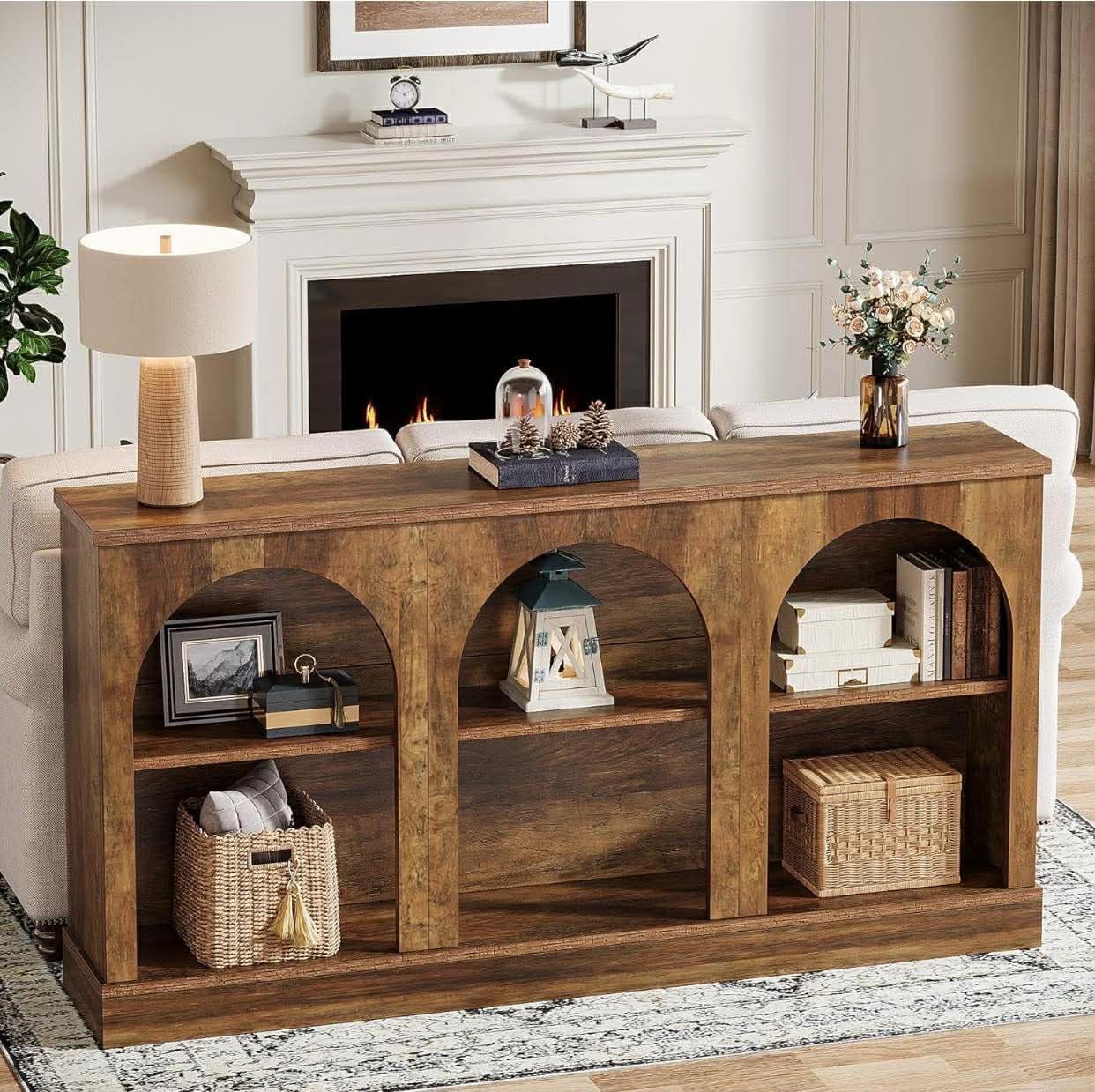 Farmhouse Console Table, 63-Inch Long Entryway Table with 3 Tier Storage, Wooden Rectangular Sofa Table Behind The Couch, Rustic Brown