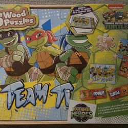 TMNT Team Turtles 5 Wood Puzzles Storage Box Tray Nichelodeon 2015 SEALED