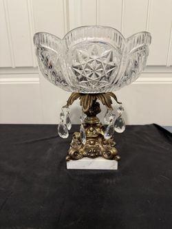 MCM Vintage Crystal Pedestal Bowl Marble Base/Cut Crystal