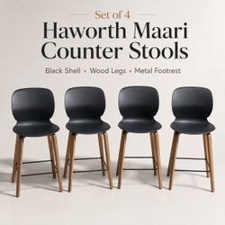 Set of 4 Haworth Maari Bar / Counter Stools — Wood Base — Black Shell