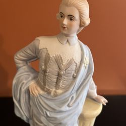 Vintage Bisque Porcelain Figurine Young Man In Blue 18th C. Attire Taiwan 12”