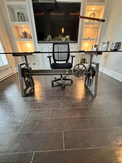 INDUSTRIAL CRANK DESK WITH GLASS TOP