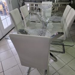 6 White Leather Dining Chairs, $200 CHAIRS ONLY