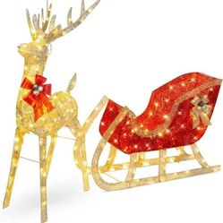 NEW Lighted Christmas 4ft Reindeer & Sleigh Outdoor Yard Decoration