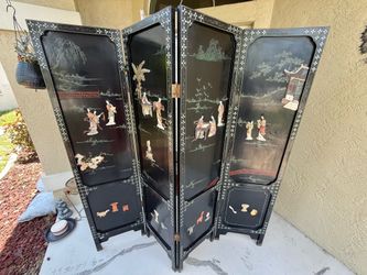 Vintage 6-Foot Chinese Black Lacquer 4-Panel Folding Screen; Hand-Applied Raised Figures