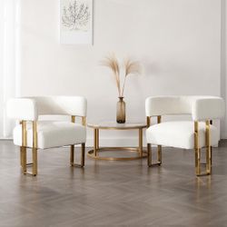 Boucle Accent Chairs Set of 2, Modern Upholstered Barrel Chairs with Metal Legs, Comfy Club Chair Single Corner Sofa Armchair for Bedroom Reception, W