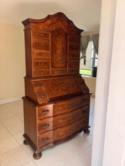 Antique Vintage  -  Elegant Italian Burl Wood Secretary Desk with Hutch - 41”W Drop Front Writing Desk