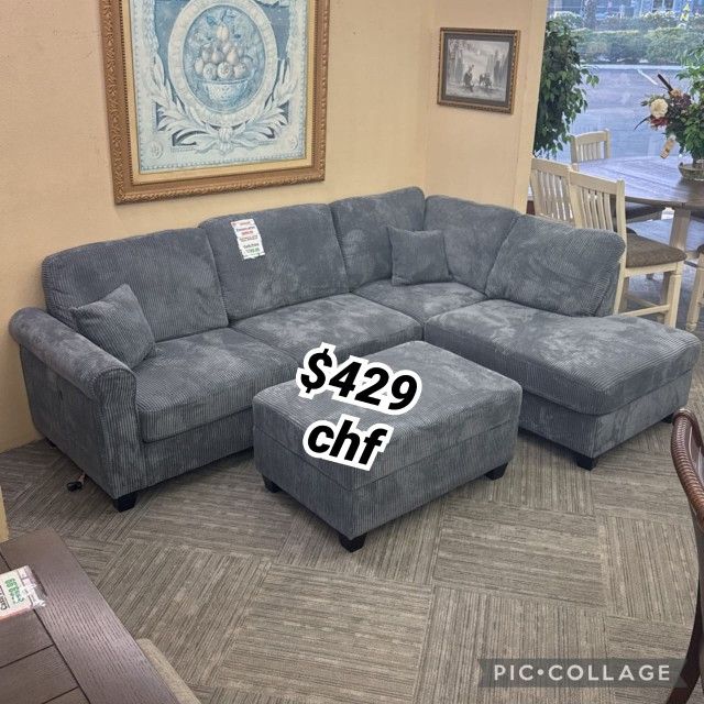 Dark gray corduroy sectional sofa with storage ottoman and Usb port