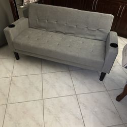NEW Gray Loveseat Sofa with Cup Holders