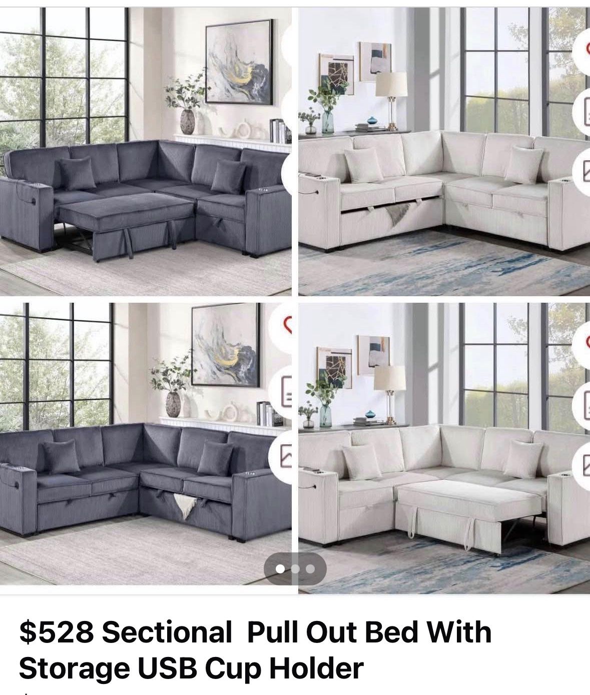 $528 Sectional Pull Out Bed With Storage USB Cup Holder Available,I Ivory,Dark Gray,Corduroy
