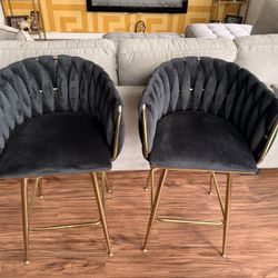 Great Condition Black Velvet and Gold Set of Bar Stools