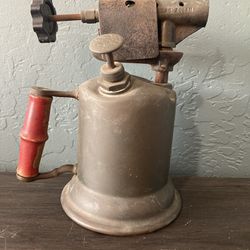 VINTAGE ANTIQUE “TURNER BRASS WORKS” BLOW TORCH. RED HANDLE. GREAT PATINA.