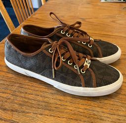 Woman’s Michael Kors Leather MK Monogram Brown & Gold Shoes Size 10