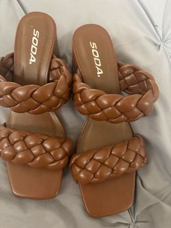 Soda Brown Braided Strap Slide Sandals