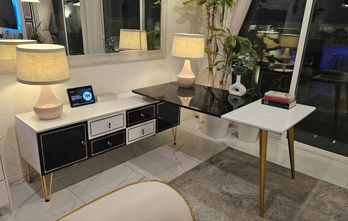 L-Shaped Modern Right Hand Corner Executive Desk with Storage in White & Gold & Black & Executive Chair (3 pieces)