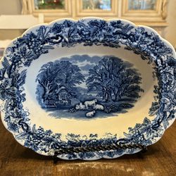 Vintage Blue And White China, England, Serving Bowl British Scenery