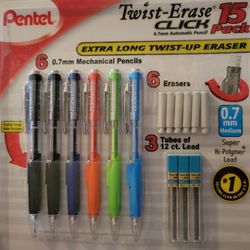 Pentel Twist-Erase Click Mechanical Pencil Set - 6 Mechanical Pencils, 6 Extra Erasers, 3 Tubes of Lead Refills

